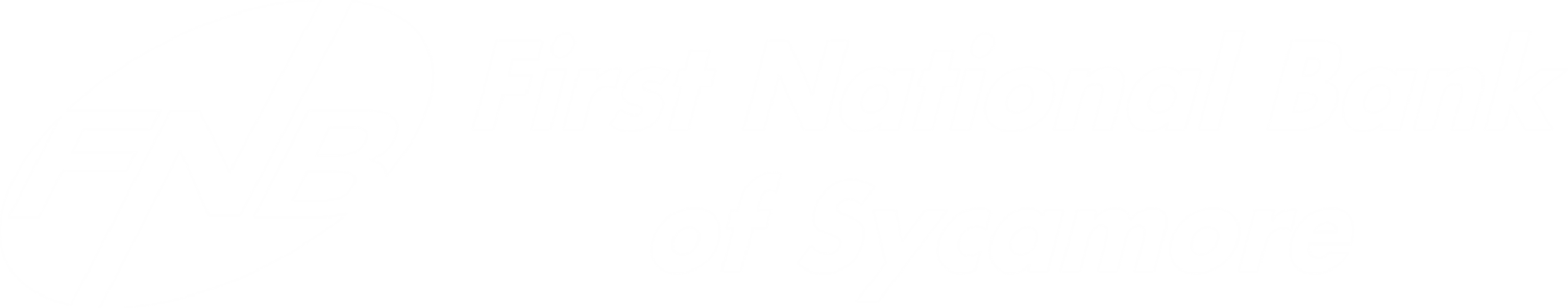 The First National Bank of Sycamore Logo in white letters and a transparent background color.